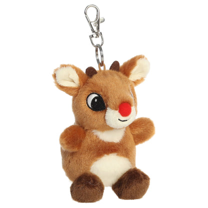 Palm Pals Rudolph clip-on keychain plush toy with a metal clip and bright red nose from Rudolph the Red-Nosed Reindeer.