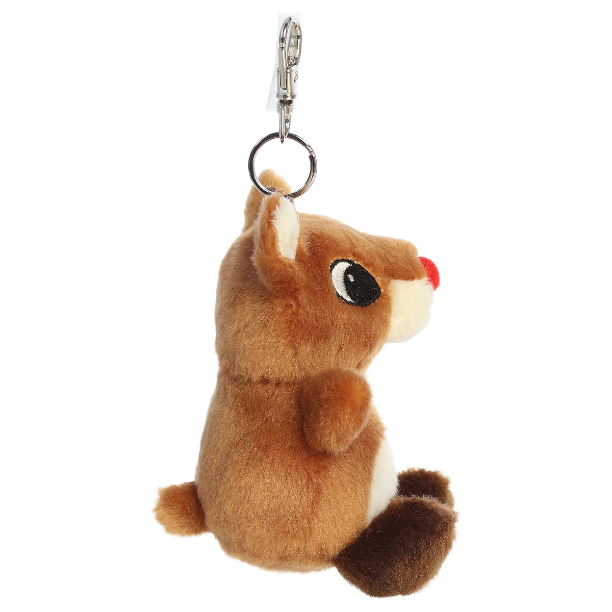 Palm Pals Rudolph clip-on keychain plush toy with a metal clip and bright red nose from Rudolph the Red-Nosed Reindeer.