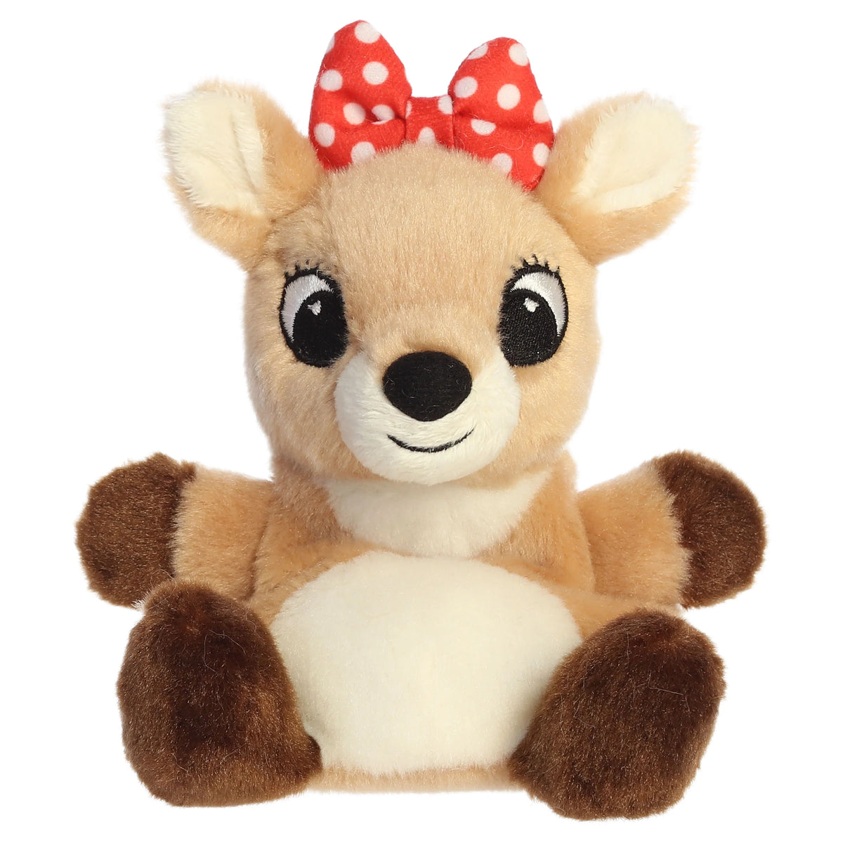 Palm Pals Clarice character plush toy from Rudolph the Red-Nosed Reindeer sitting down with a red polka dot bow.