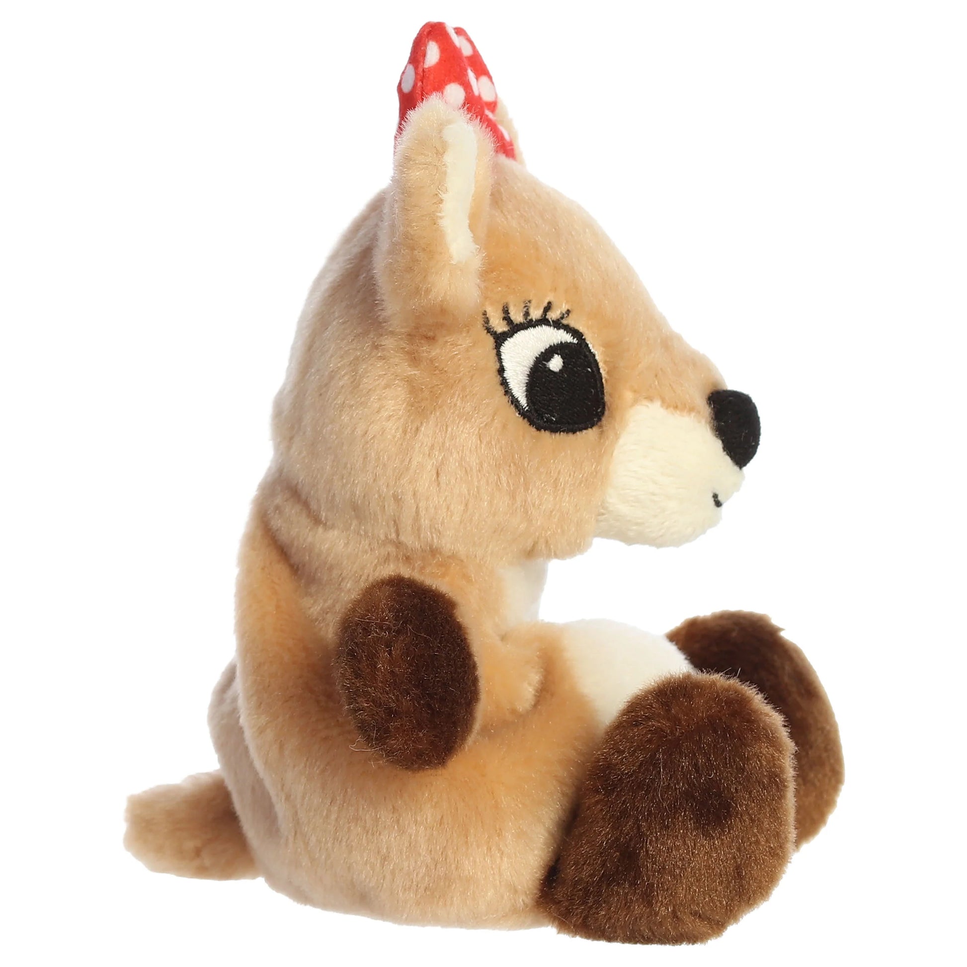 Palm Pals Clarice character plush toy from Rudolph the Red-Nosed Reindeer sitting down with a red polka dot bow.
