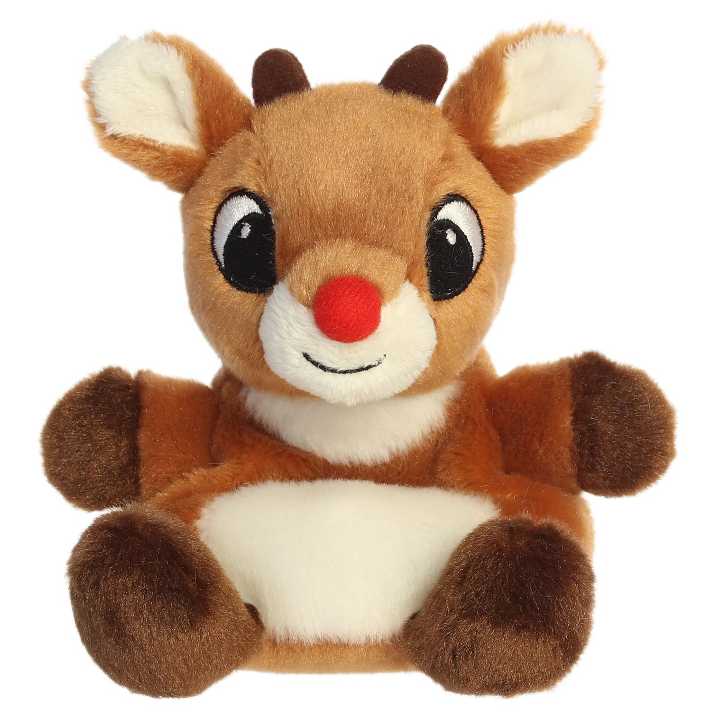 Palm Pals Rudolph character plush toy from Rudolph the Red-Nosed Reindeer sitting down with a bright red nose.