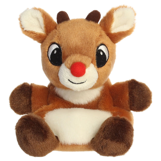 Palm Pals Rudolph character plush toy from Rudolph the Red-Nosed Reindeer sitting down with a bright red nose.