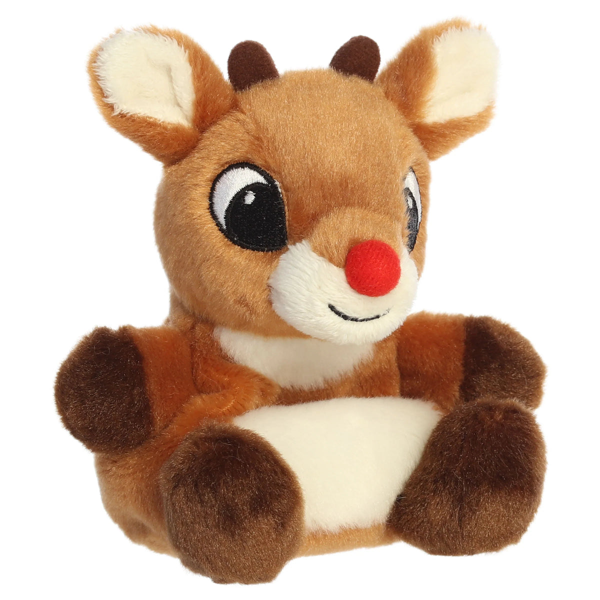 Palm Pals Rudolph character plush toy from Rudolph the Red-Nosed Reindeer sitting down with a bright red nose.