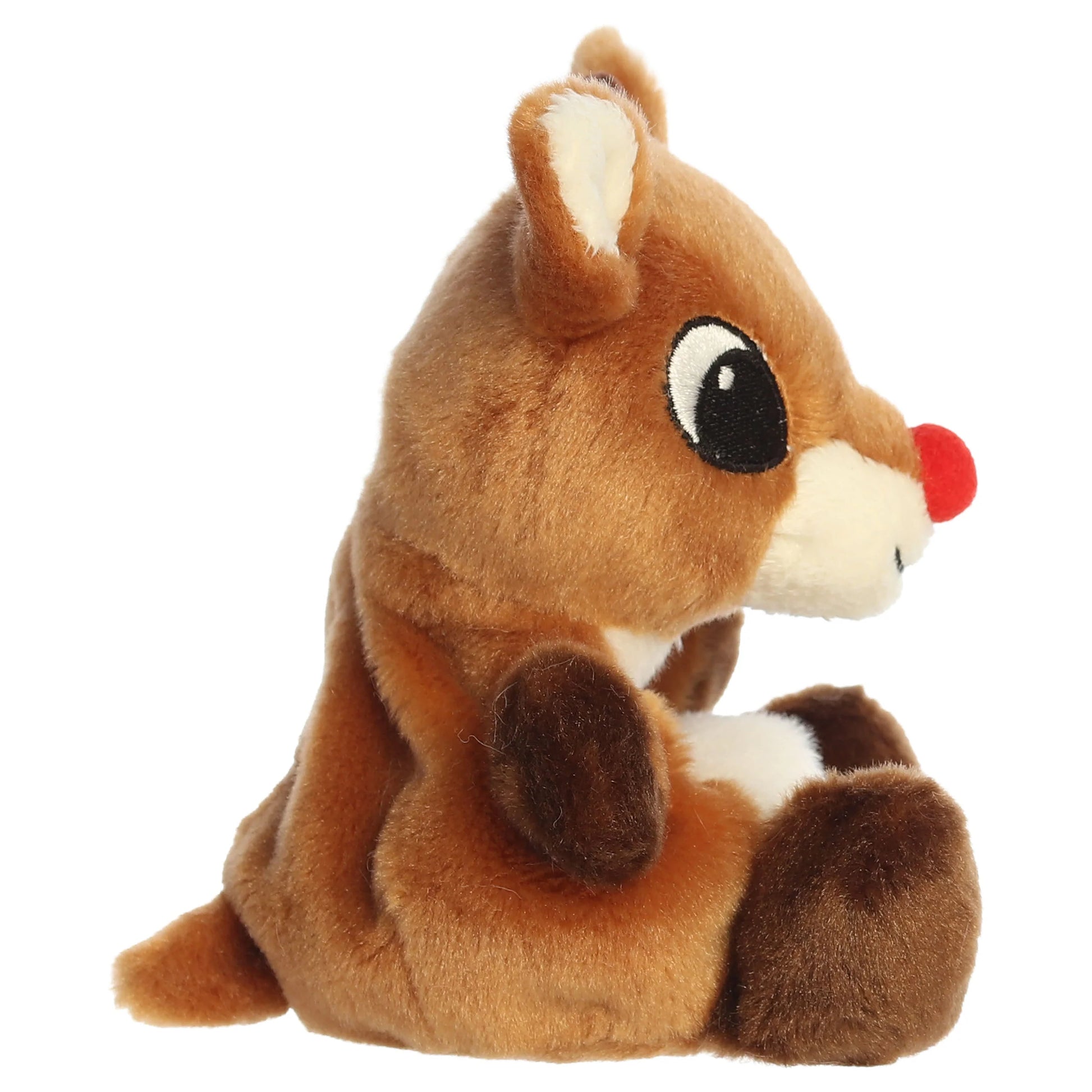 Palm Pals Rudolph character plush toy from Rudolph the Red-Nosed Reindeer sitting down with a bright red nose.