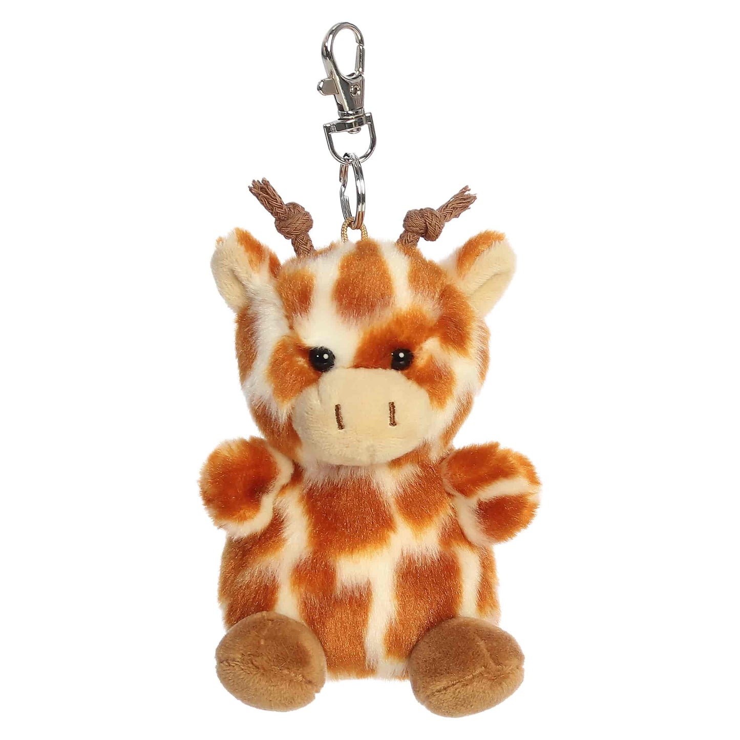 Palm Pals Safara Giraffe Clip-On plush featuring iconic brown spots, cute little horns, and a metal keychain clip.