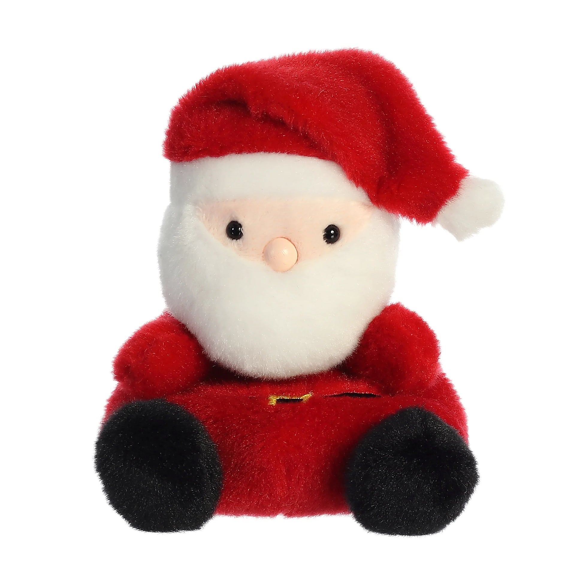 Palm Pals Santa plush wearing a red suit with a gold belt buckle, fluffy white beard, black boots, and a red Santa hat.
