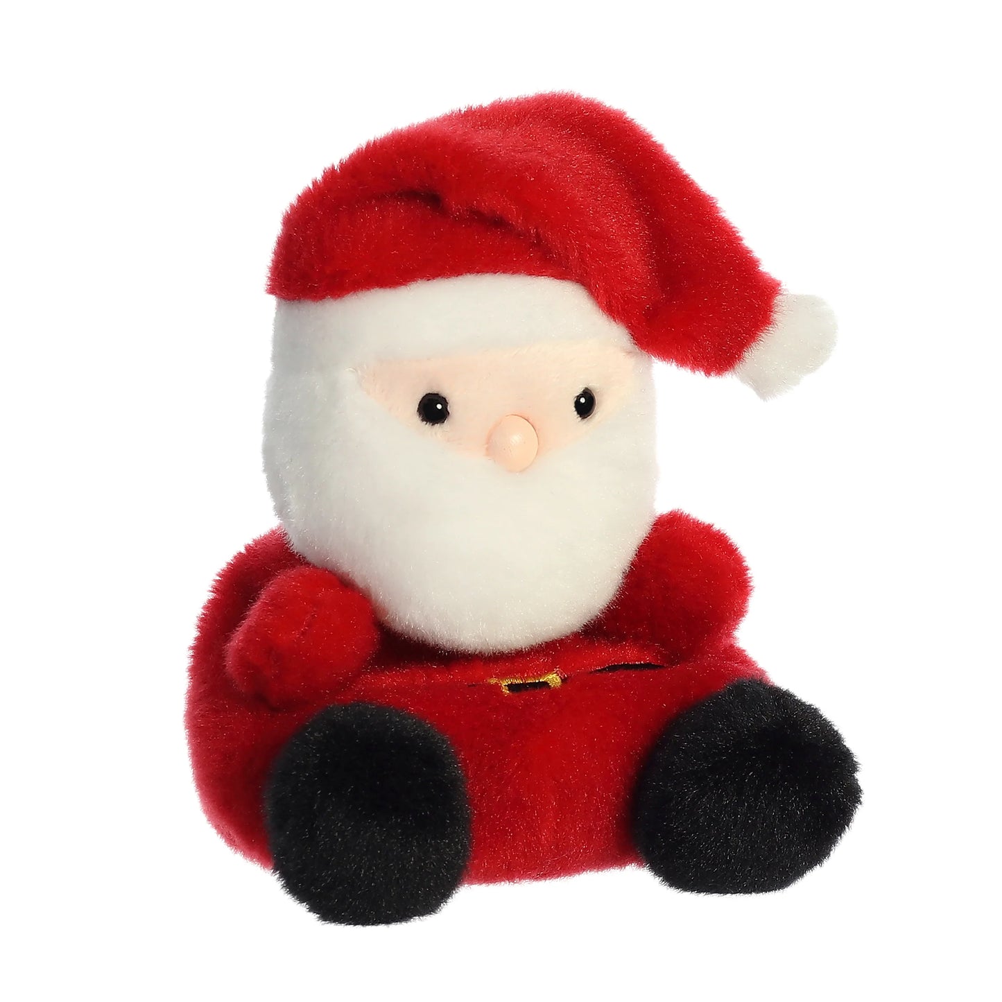 Palm Pals Santa plush wearing a red suit with a gold belt buckle, fluffy white beard, black boots, and a red Santa hat.