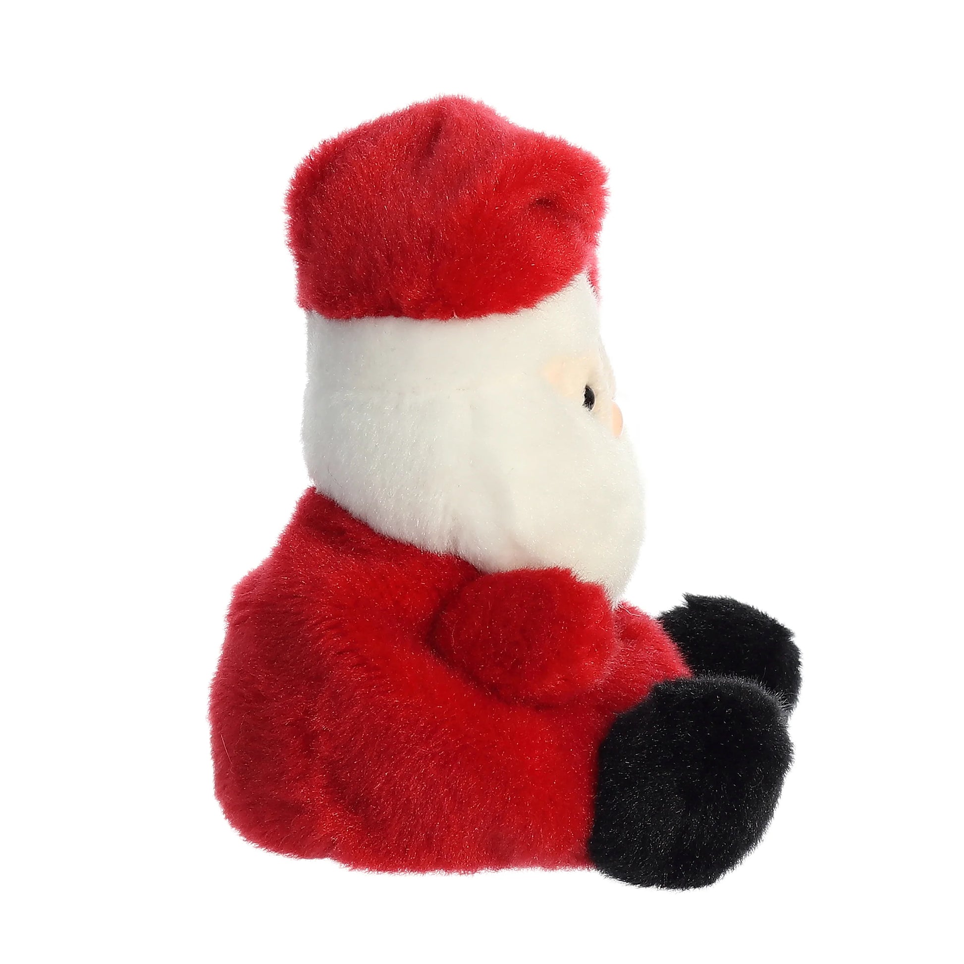 Palm Pals Santa plush wearing a red suit with a gold belt buckle, fluffy white beard, black boots, and a red Santa hat.