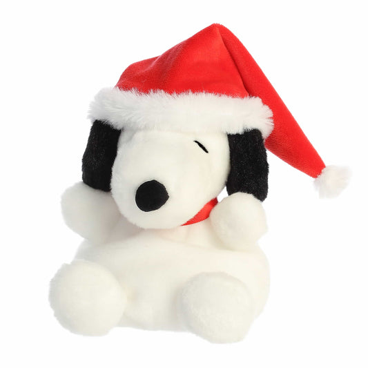Palm Pals Santa Snoopy plush wearing a red Santa hat with plush white trim, a white pom-pom, and a red collar.
