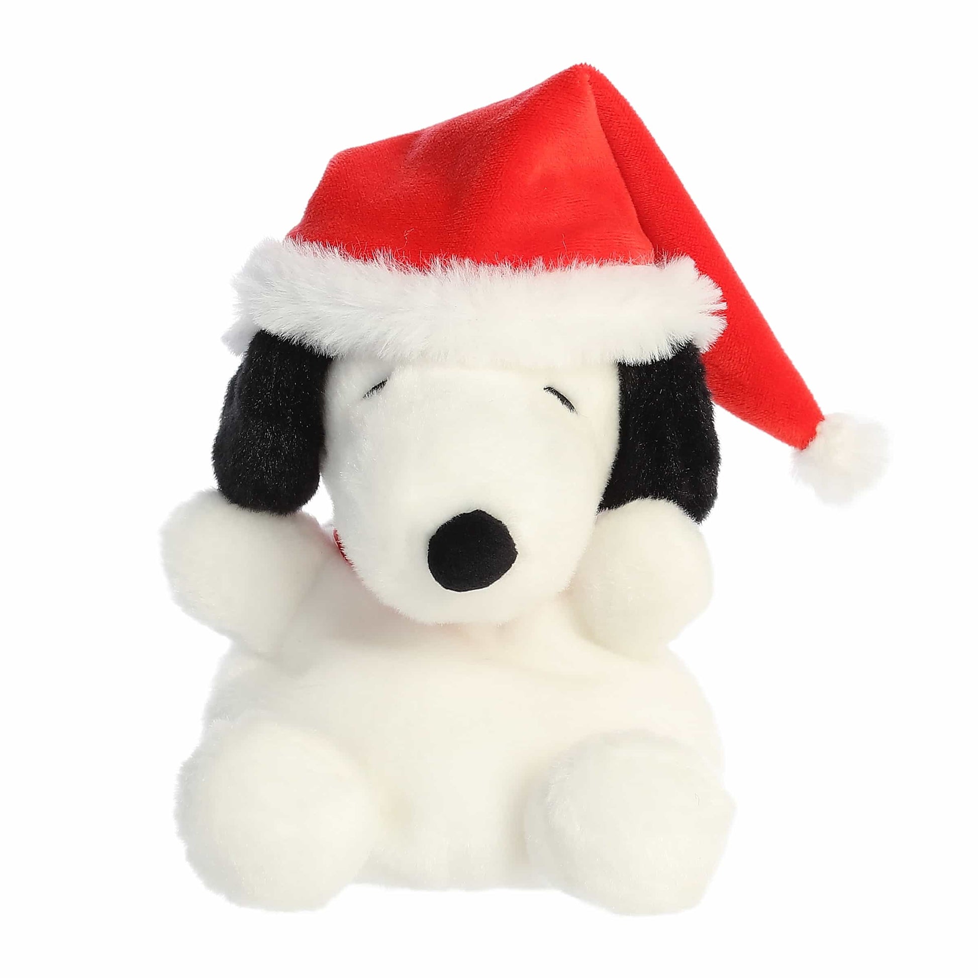Palm Pals Santa Snoopy plush wearing a red Santa hat with plush white trim, a white pom-pom, and a red collar.