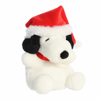 Palm Pals Santa Snoopy plush wearing a red Santa hat with plush white trim, a white pom-pom, and a red collar.