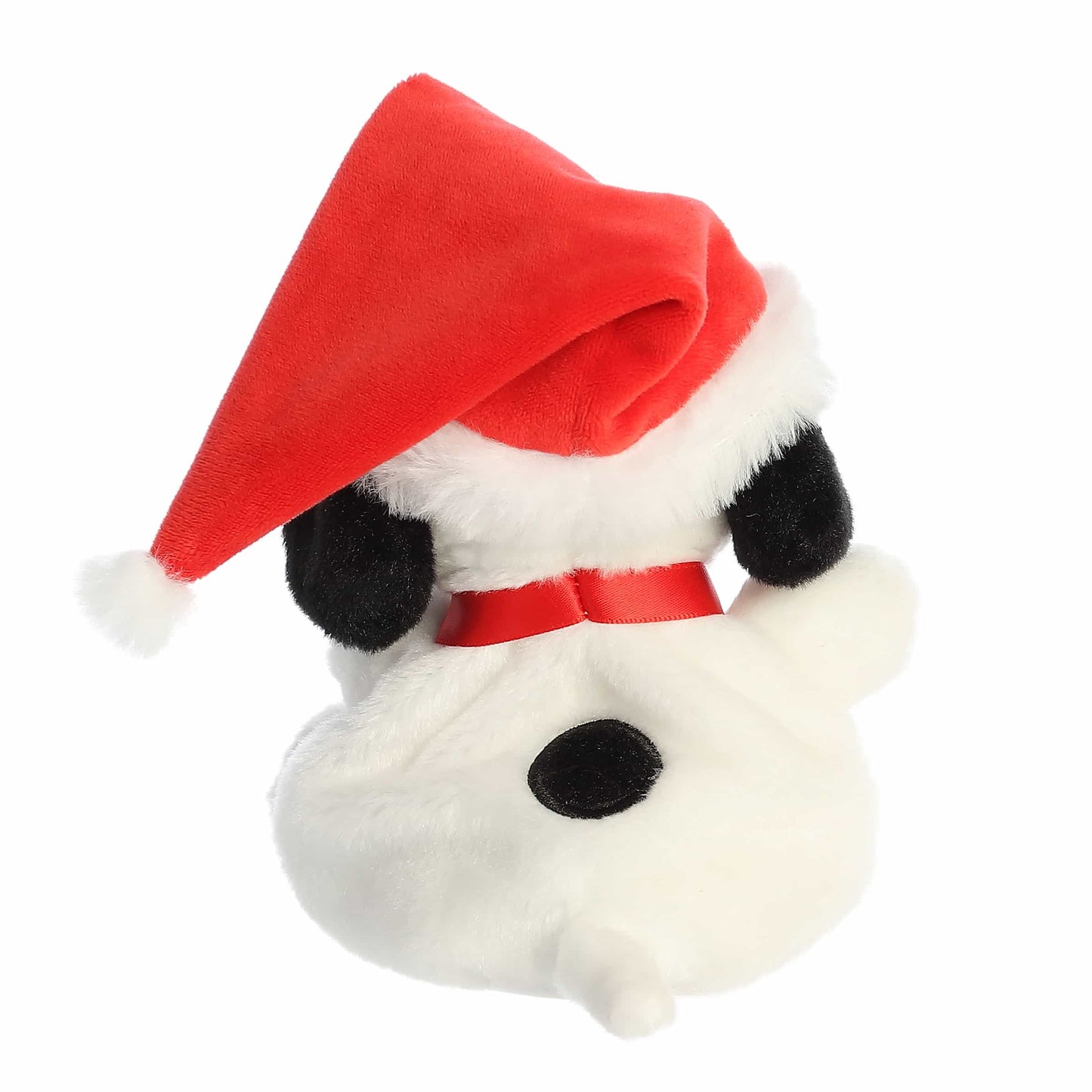 Palm Pals Santa Snoopy plush wearing a red Santa hat with plush white trim, a white pom-pom, and a red collar.