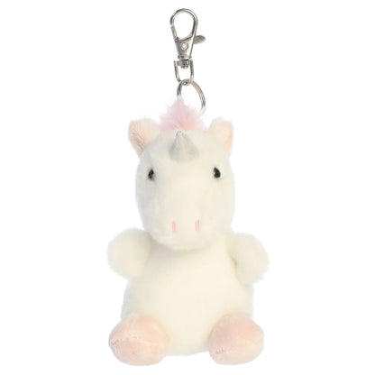 Palm Pals Sassy Unicorn mini plush clip-on featuring snowy white fur, a shimmering silver horn, and a soft pink mane with a metal clasp.