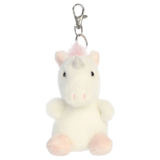 Palm Pals Sassy Unicorn mini plush clip-on featuring snowy white fur, a shimmering silver horn, and a soft pink mane with a metal clasp.