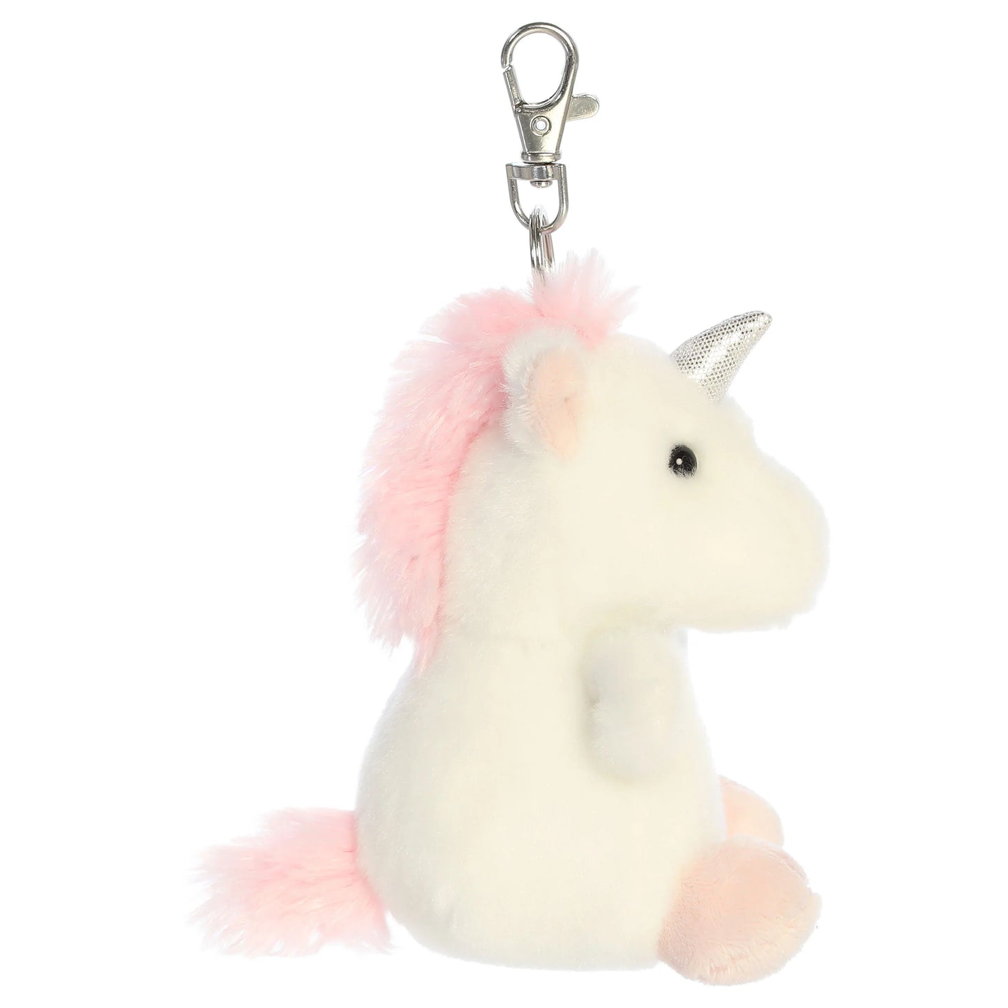 Palm Pals Sassy Unicorn mini plush clip-on featuring snowy white fur, a shimmering silver horn, and a soft pink mane with a metal clasp.