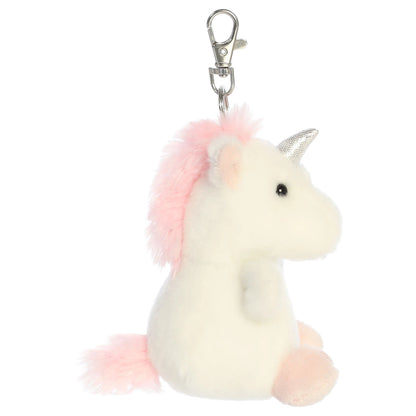 Palm Pals Sassy Unicorn mini plush clip-on featuring snowy white fur, a shimmering silver horn, and a soft pink mane with a metal clasp.