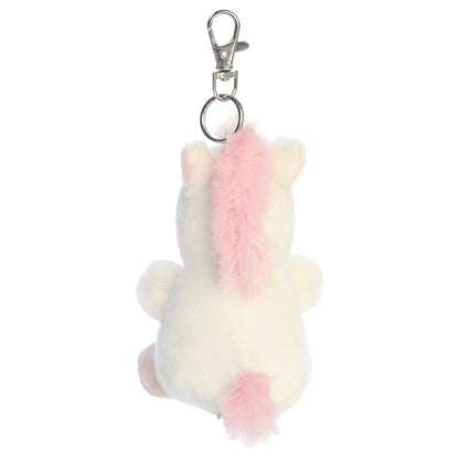 Palm Pals Sassy Unicorn mini plush clip-on featuring snowy white fur, a shimmering silver horn, and a soft pink mane with a metal clasp.