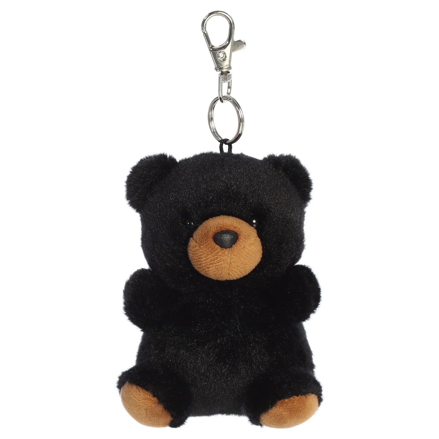 Palm Pals Sleepy Bear Clip-On plush toy featuring black fur, a tan muzzle, and a metal keychain clip.