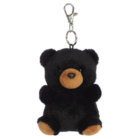 Palm Pals Sleepy Bear Clip-On plush toy featuring black fur, a tan muzzle, and a metal keychain clip.