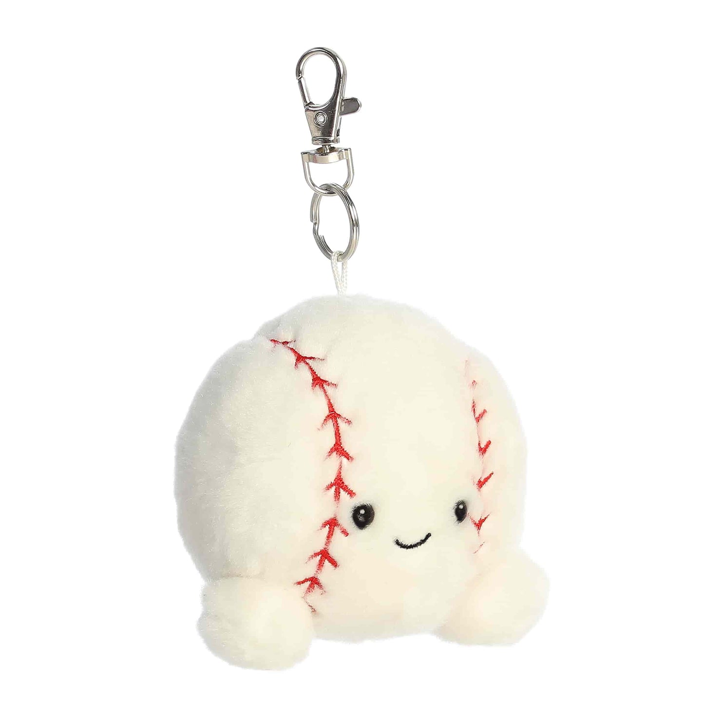 Angled view of Palm Pals Slugger Baseball, a 4-inch round plush clip.