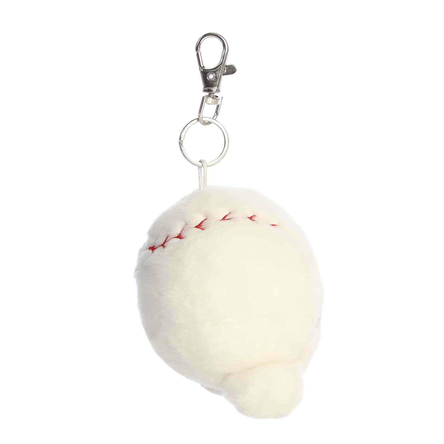 Side view of Palm Pals Slugger Baseball, a 4-inch round plush clip.