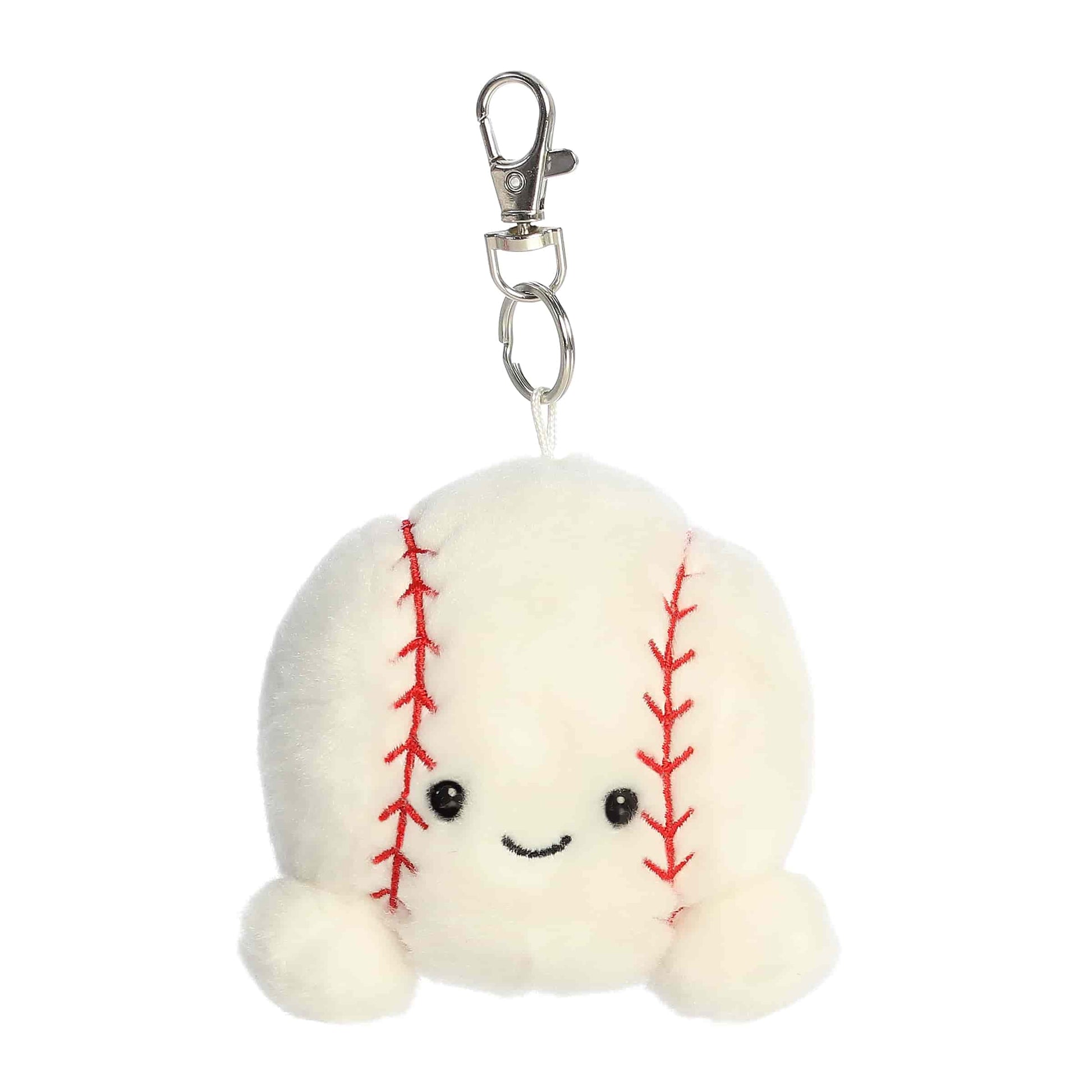 Product view of Palm Pals Slugger Baseball, a 4-inch round plush baseball with red stitching and a smile, featuring a plastic keychain clip.