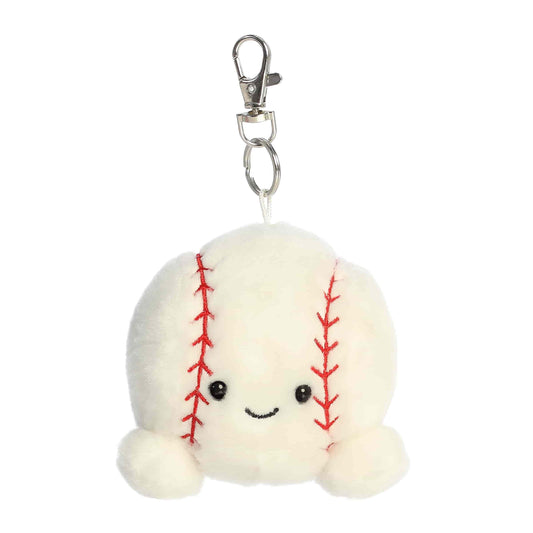 Product view of Palm Pals Slugger Baseball, a 4-inch round plush baseball with red stitching and a smile, featuring a plastic keychain clip.