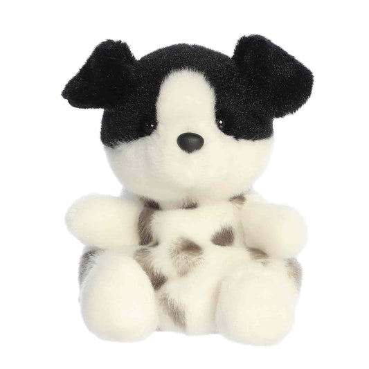 A product photo of the Palm Pals Snorkels Black & White Dog 5-Inch Plush, a white stuffed puppy with black spots and floppy black ears, sitting on a white background.