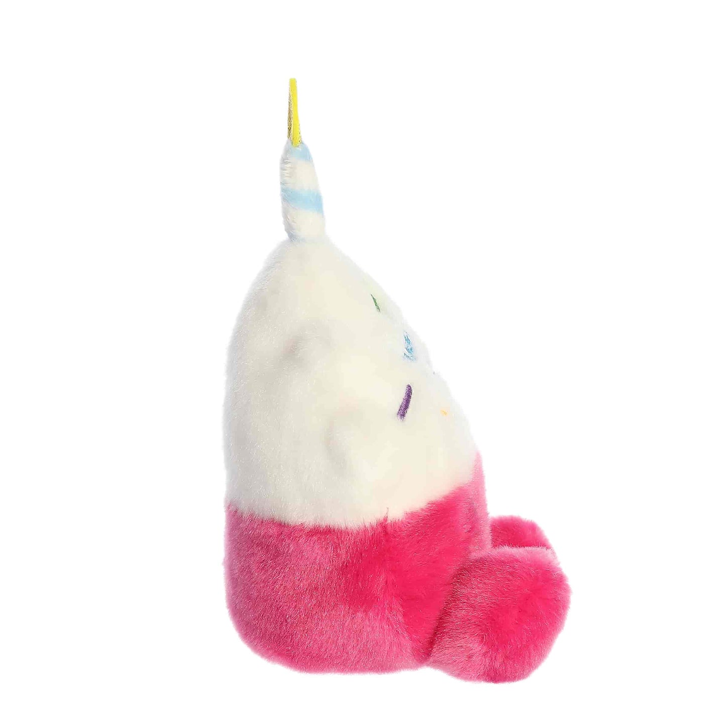 Side view of Palm Pals Sparkle Birthday Cupcake 5-inch plush soft toy