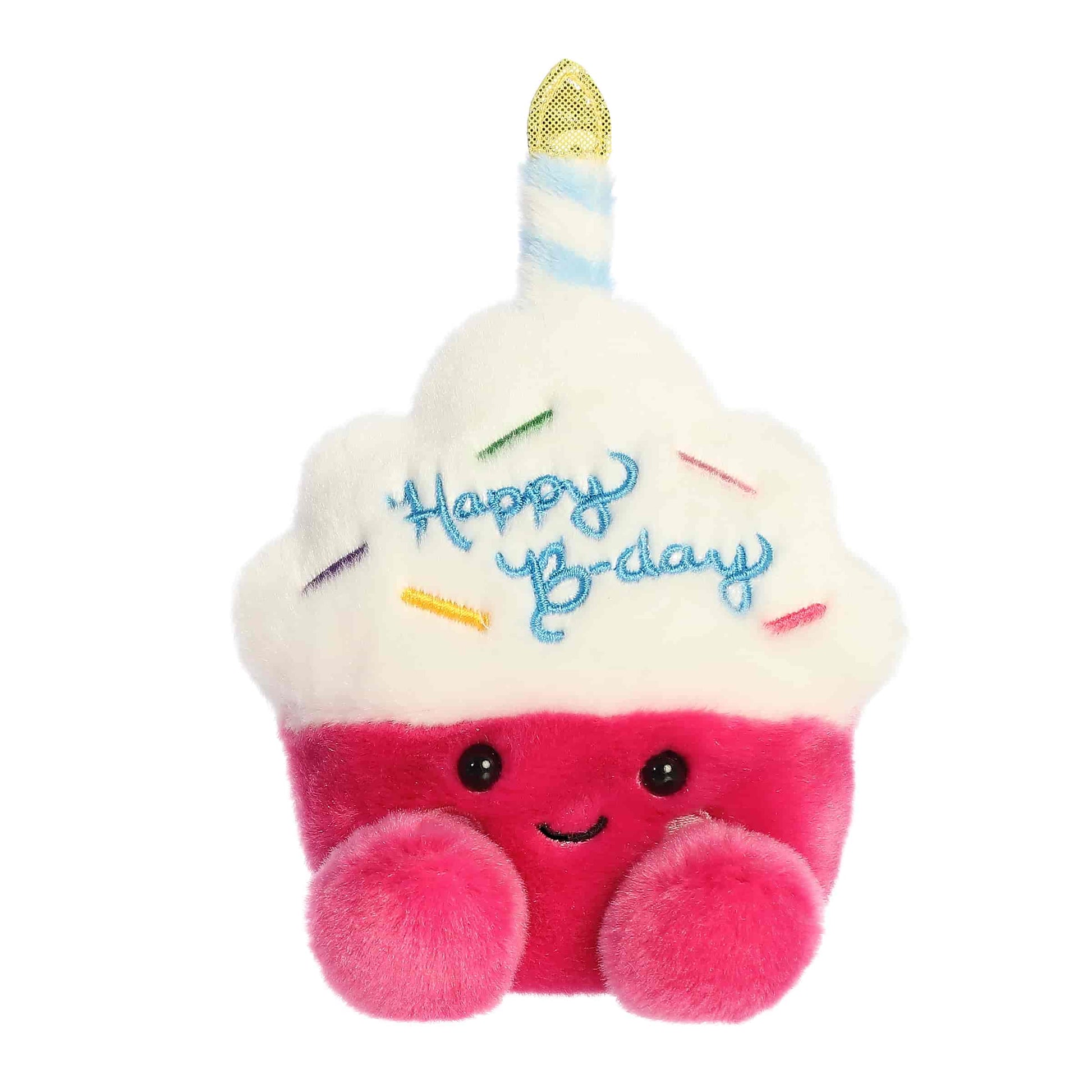 Palm Pals Sparkle Birthday Cupcake 5-inch plush soft toy, a pink cupcake with white frosting, a candle, and "Happy B-day" stitched in blue.
