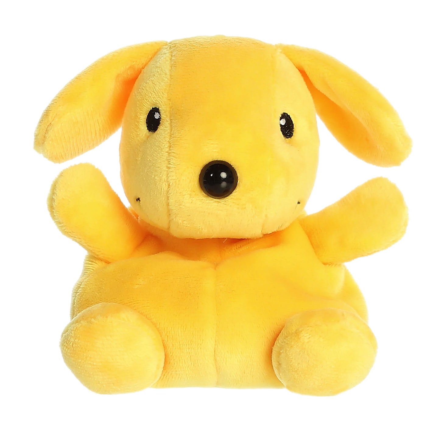 Palm Pals Spot 5-inch plush soft toy, a bright yellow puppy with floppy ears in a sitting pose.