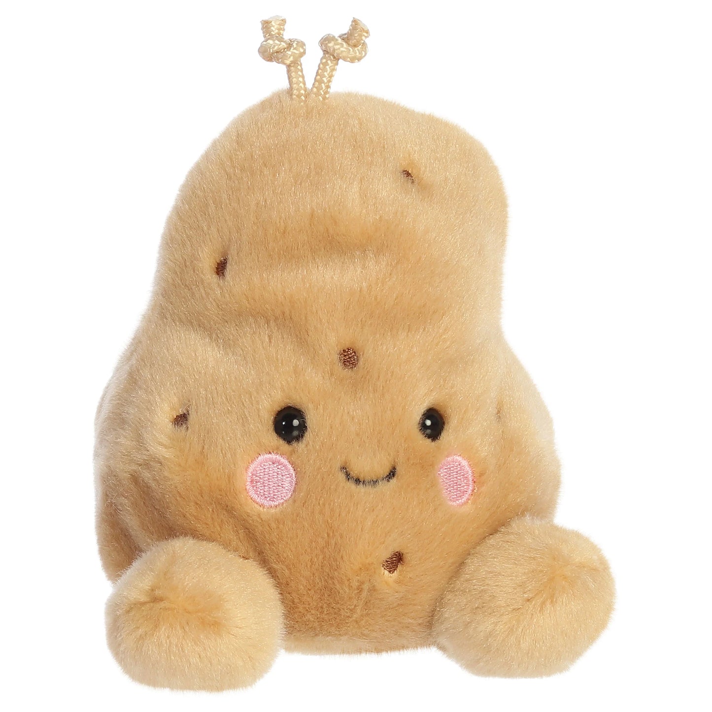 Palm Pals Spudrick Potato plush toy with a warm beige body, rosy cheeks, and a swirled tuft