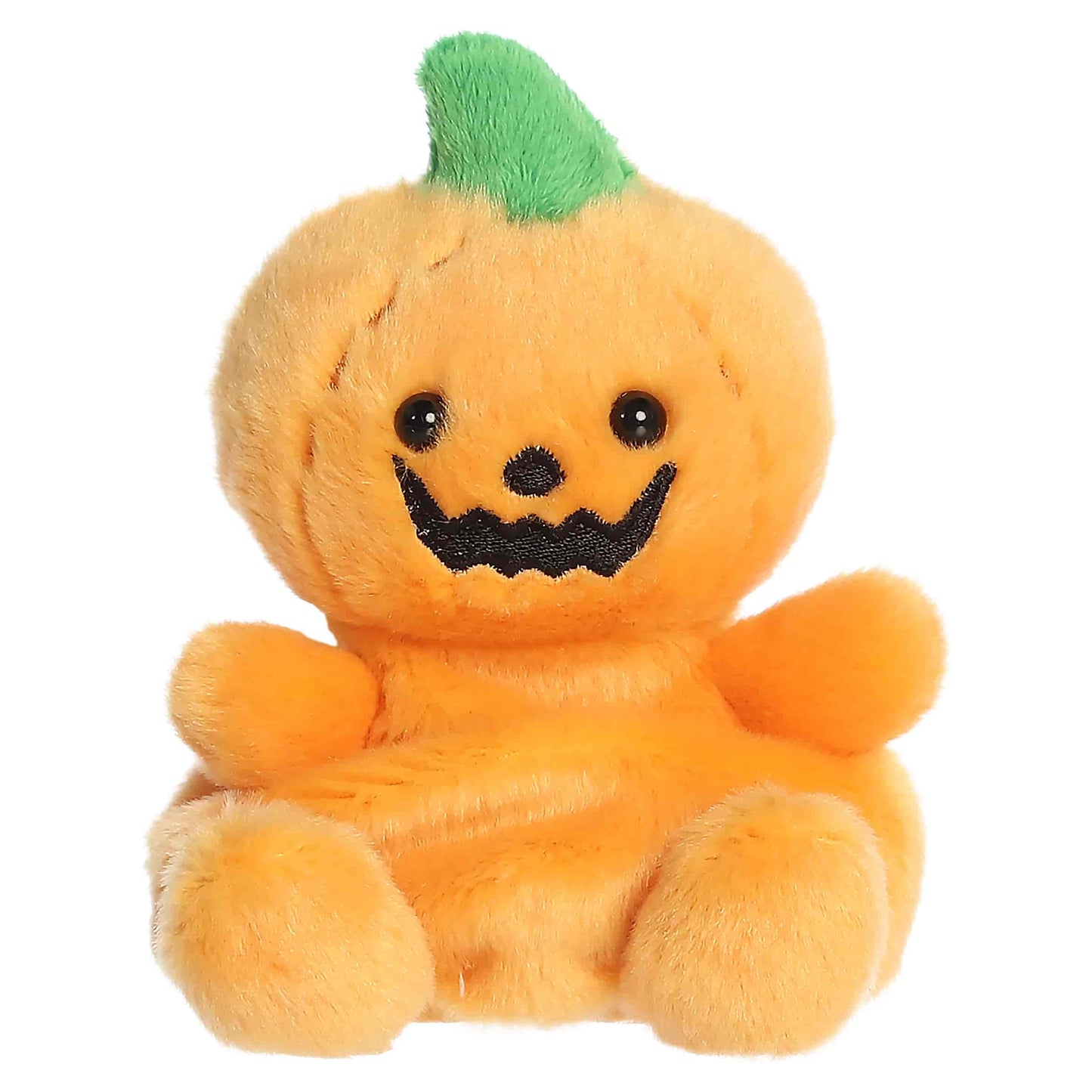 Palm Pals Squashley Pumpkin Head 5-inch orange plush pumpkin sitting upright with an embroidered jack-o'-lantern smile and green stem.