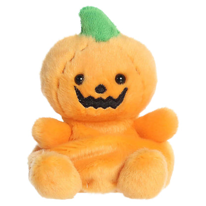 Palm Pals Squashley Pumpkin Head 5-inch orange plush pumpkin sitting upright with an embroidered jack-o'-lantern smile and green stem.