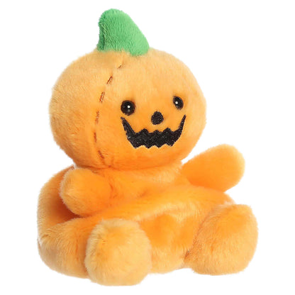 Palm Pals Squashley Pumpkin Head 5-inch orange plush pumpkin sitting upright with an embroidered jack-o'-lantern smile and green stem.