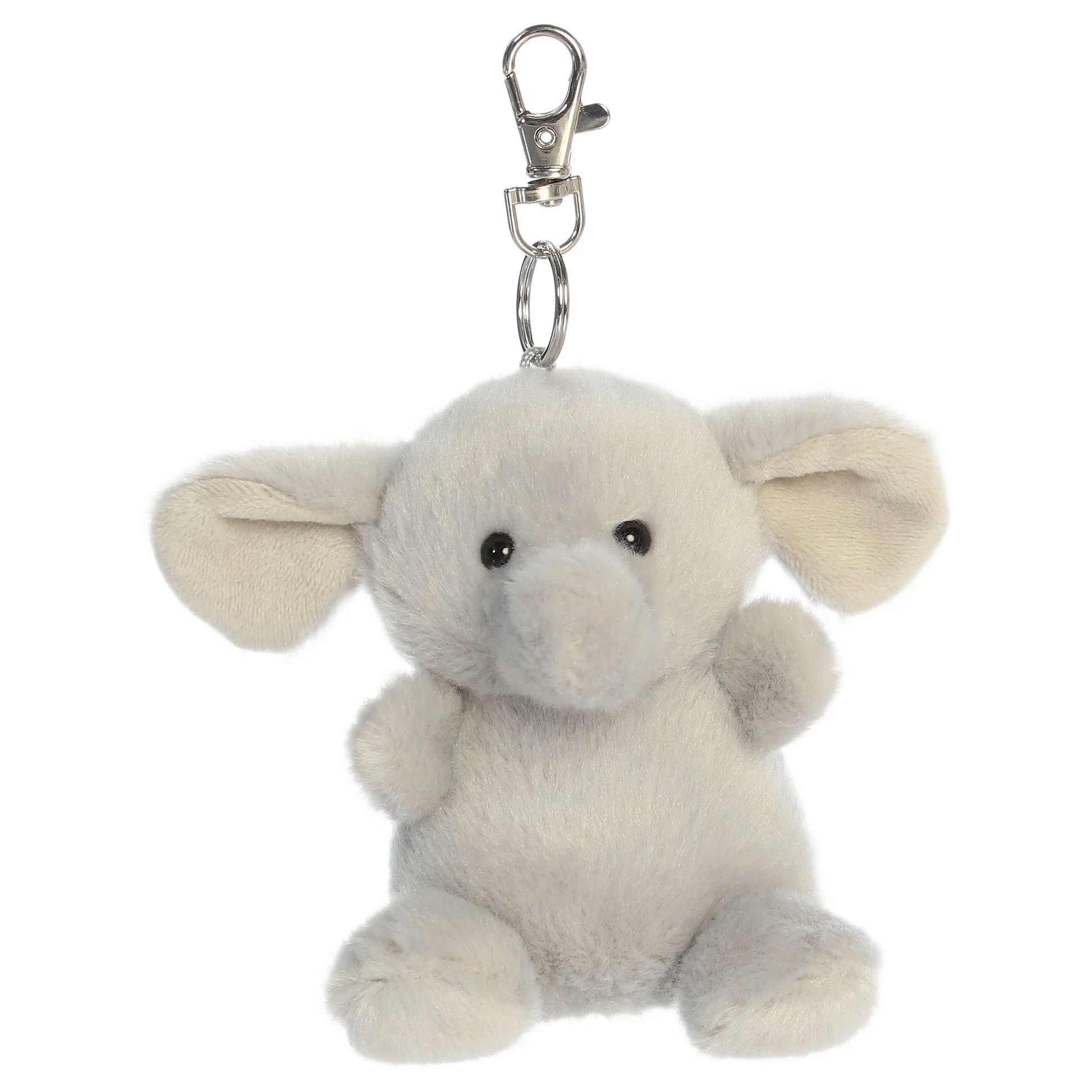 Palm Pals Stomps Elephant Clip-On plush toy featuring velvety grey fur, big floppy ears, and a metal keychain clip.