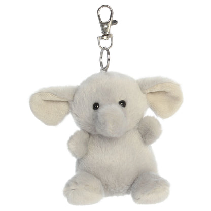 Palm Pals Stomps Elephant Clip-On plush toy featuring velvety grey fur, big floppy ears, and a metal keychain clip.
