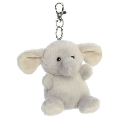 Palm Pals Stomps Elephant Clip-On plush toy featuring velvety grey fur, big floppy ears, and a metal keychain clip.