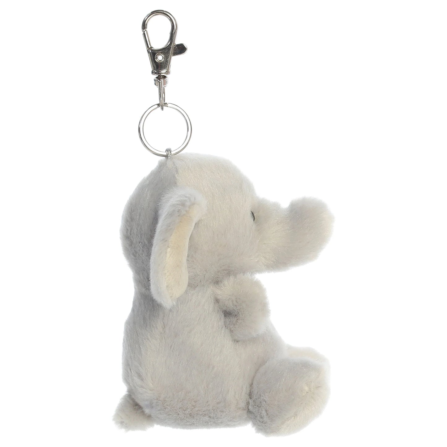 Palm Pals Stomps Elephant Clip-On plush toy featuring velvety grey fur, big floppy ears, and a metal keychain clip.