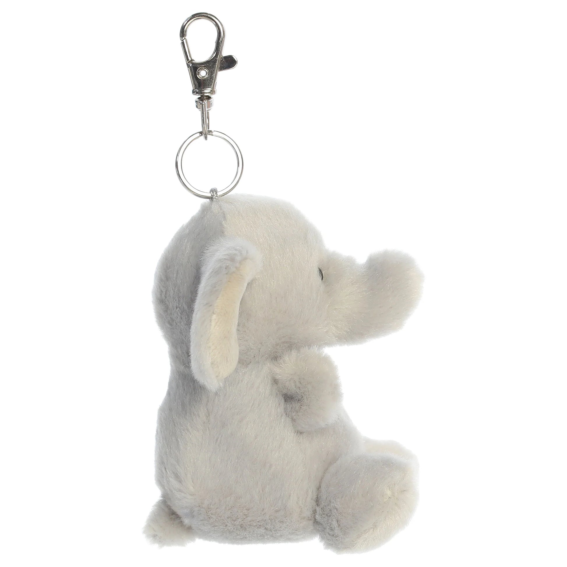Palm Pals Stomps Elephant Clip-On plush toy featuring velvety grey fur, big floppy ears, and a metal keychain clip.