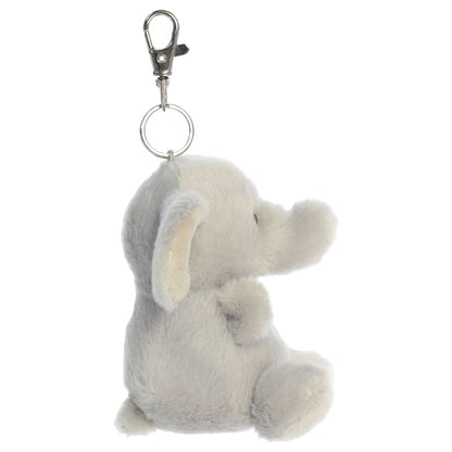 Palm Pals Stomps Elephant Clip-On plush toy featuring velvety grey fur, big floppy ears, and a metal keychain clip.