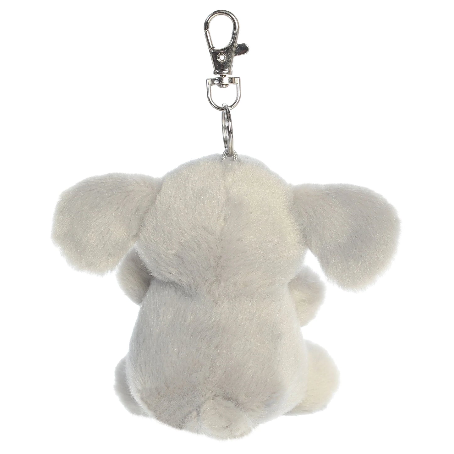 Palm Pals Stomps Elephant Clip-On plush toy featuring velvety grey fur, big floppy ears, and a metal keychain clip.