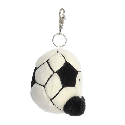 Plush soccer ball keychain with a clip on a white background
