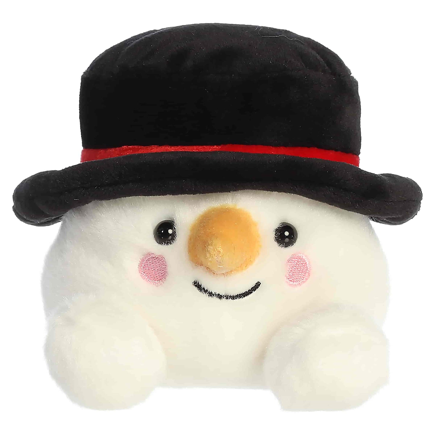 Palm Pals Sven Snowman 4.5-inch white plush featuring a black top hat with red ribbon, an orange carrot nose, and pink cheeks.