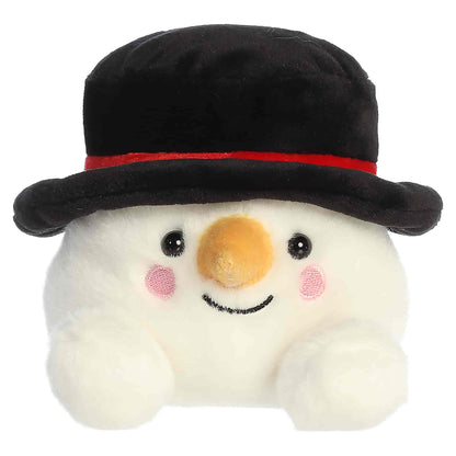 Palm Pals Sven Snowman 4.5-inch white plush featuring a black top hat with red ribbon, an orange carrot nose, and pink cheeks.