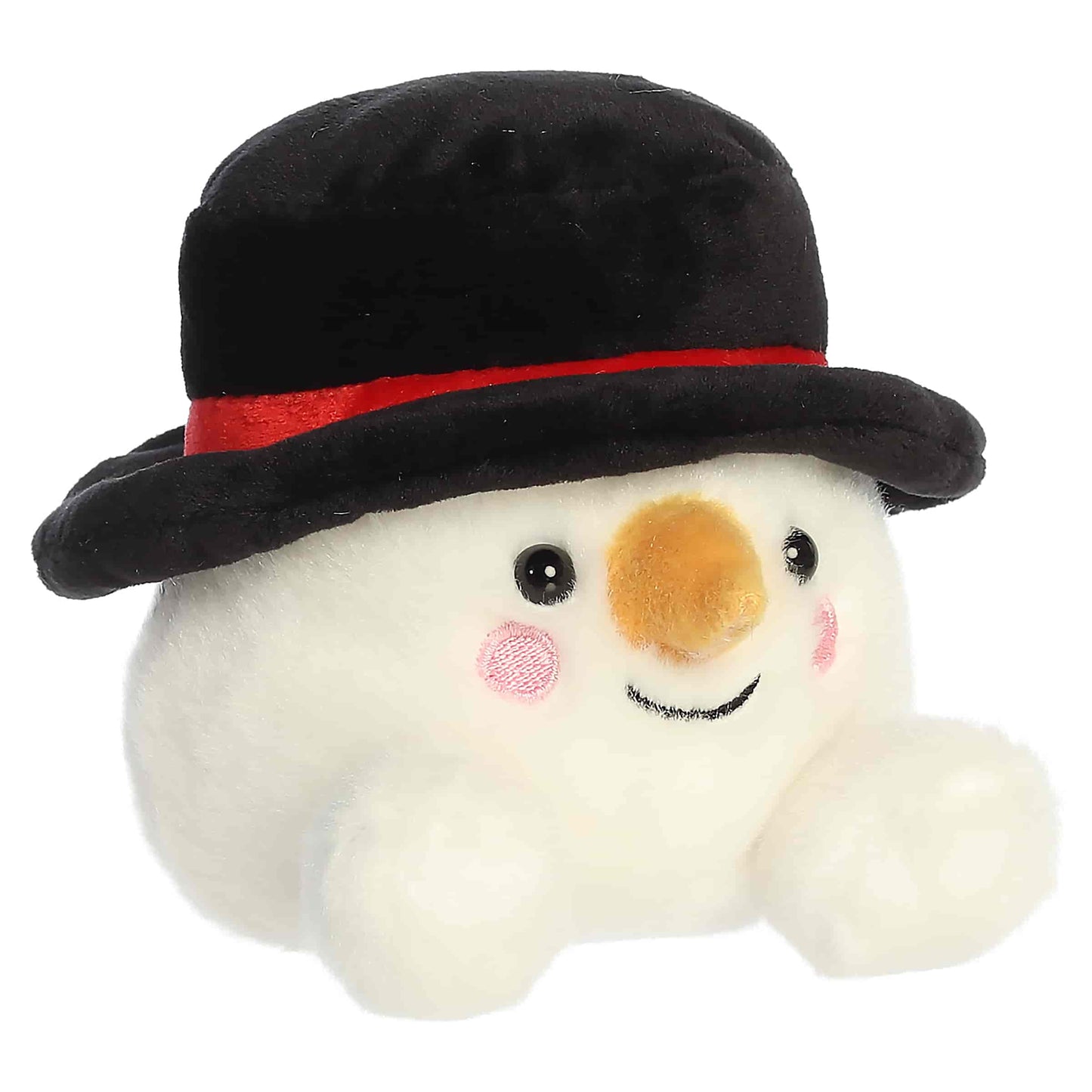 Palm Pals Sven Snowman 4.5-inch white plush featuring a black top hat with red ribbon, an orange carrot nose, and pink cheeks.