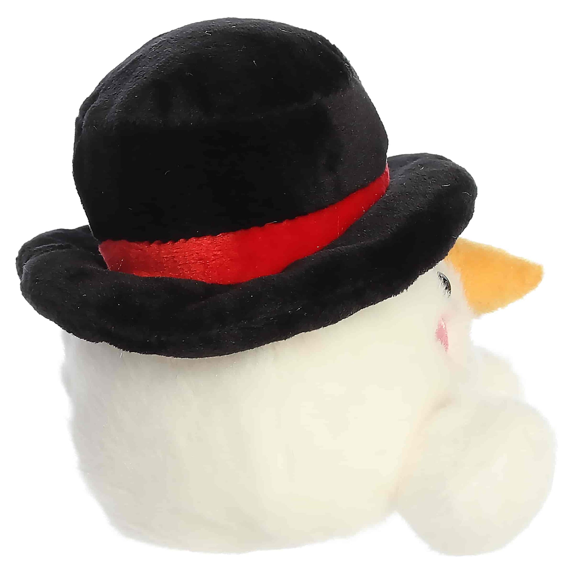 Palm Pals Sven Snowman 4.5-inch white plush featuring a black top hat with red ribbon, an orange carrot nose, and pink cheeks.