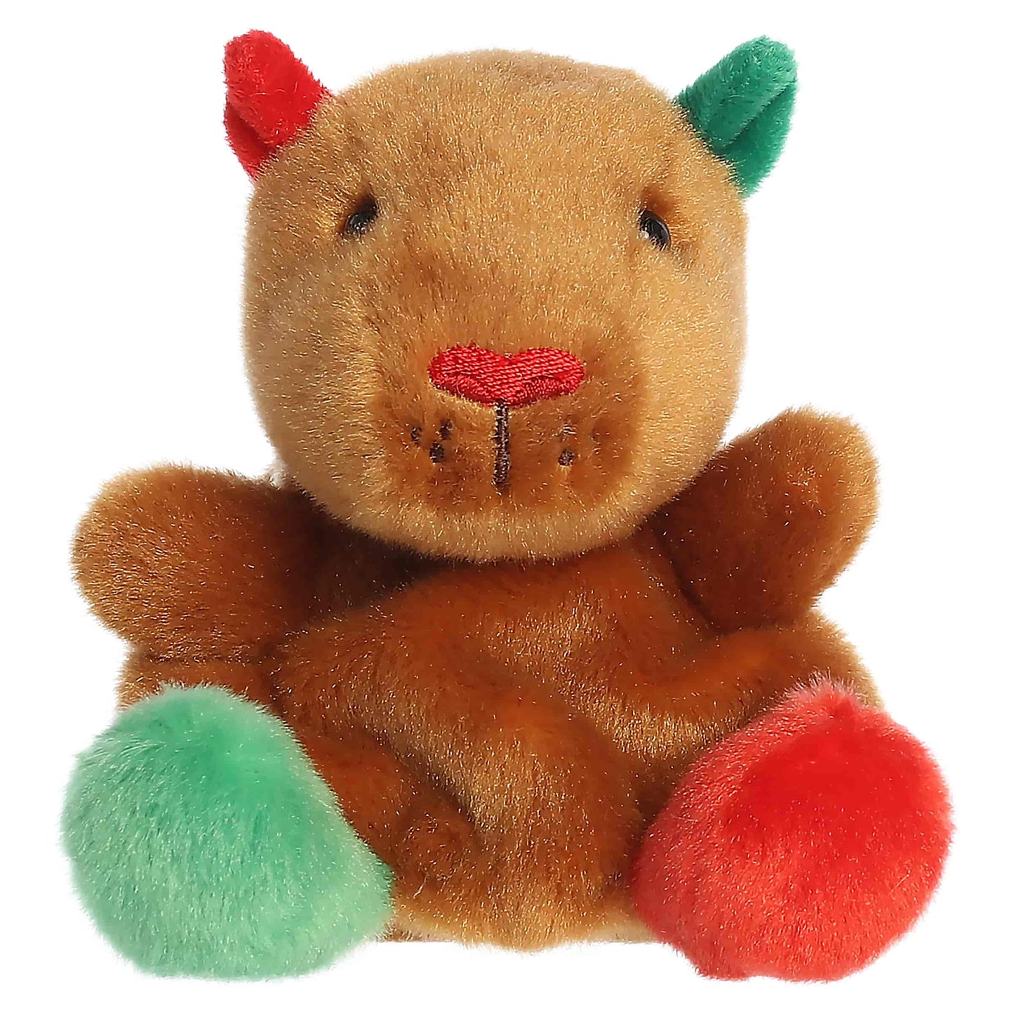 Palm Pals Syd Holiday Capybara 4-inch brown plush with red and green ears, red and green feet, and an embroidered red nose.