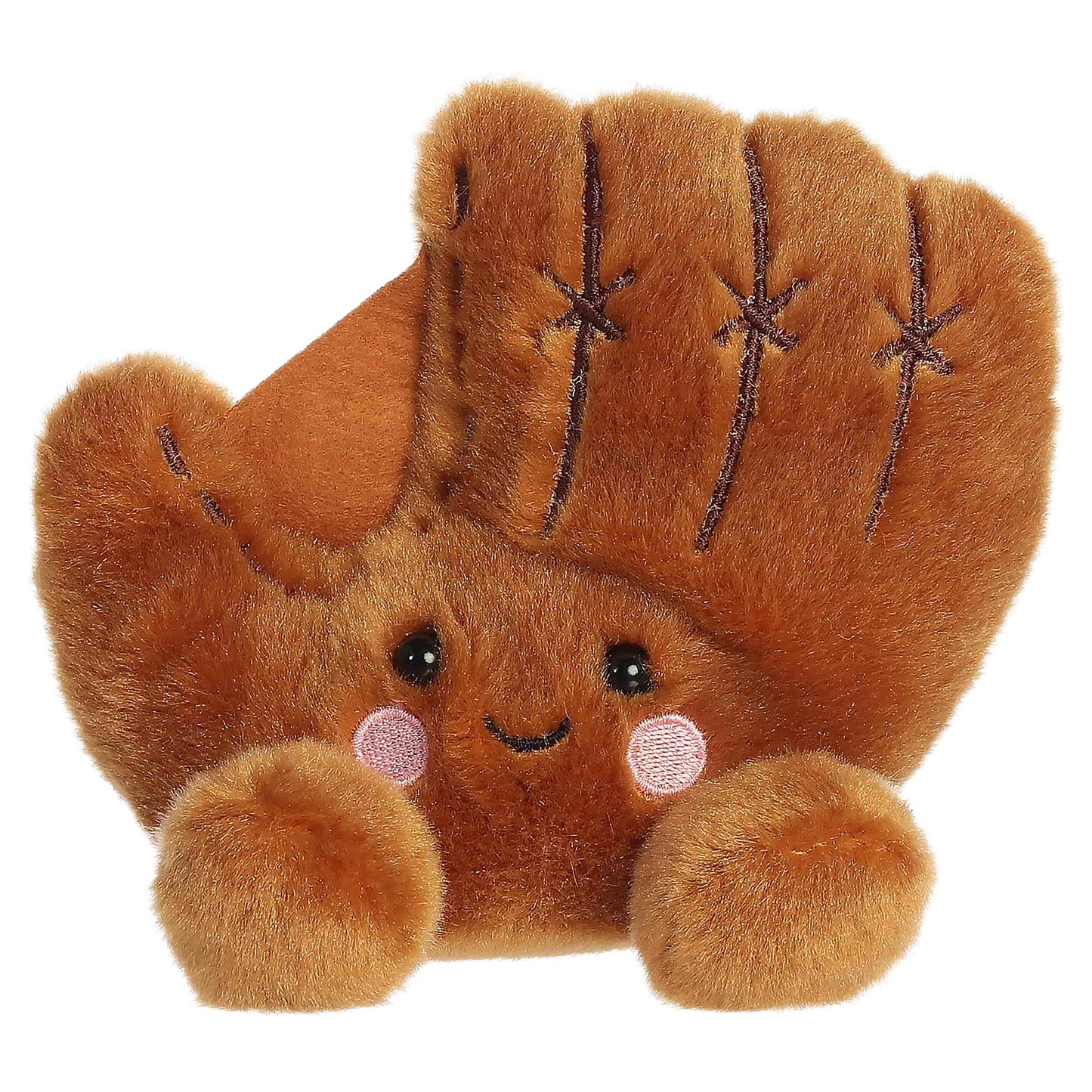 Palm Pals Tag Baseball Glove, a small golden-brown plush shaped like a baseball glove with stitched detailing and a sweet smiling face.