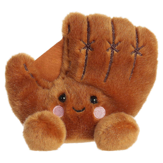 Palm Pals Tag Baseball Glove, a small golden-brown plush shaped like a baseball glove with stitched detailing and a sweet smiling face.